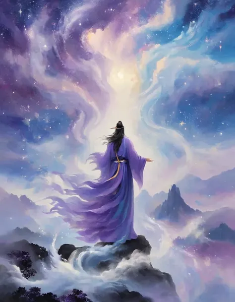 A man standing on a cliff，Surrounded by swirling currents of cosmic energy，Surrounded by a dreamy mist-shrouded landscape。The figure is wrapped in a flowing robe.，Integrate with the streamlines of heaven and earth。The sky is a tapestry of deep purples and ...