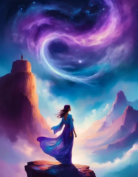 a woman standing on a cliff looking at the stars, surrounded by swirling currents of cosmic energy，surrounded by a dreamy mist-s...