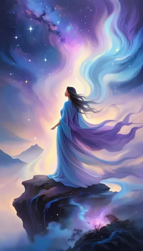 A beautiful woman stands on a cliff looking at the stars, （beautiful silhouette），Surrounded by swirling currents of cosmic energy，Surrounded by a dreamy mist-shrouded landscape。The figure is wrapped in a flowing robe.，Integrate with the streamlines of heav...