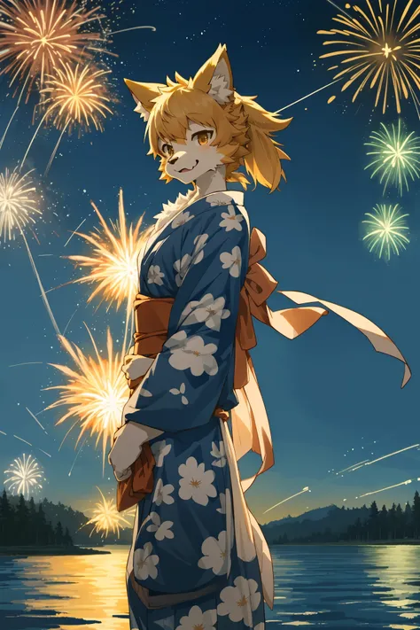 top quality, best quality, highres, masterpiece, super high resolution, detailed background, lake, nigh sky, firework, japanese yukata, absurdres, perfect anatomy, good lighting, cinematic shadow(1girl, kemono, furry anthro)assorted expressions, upper shot...