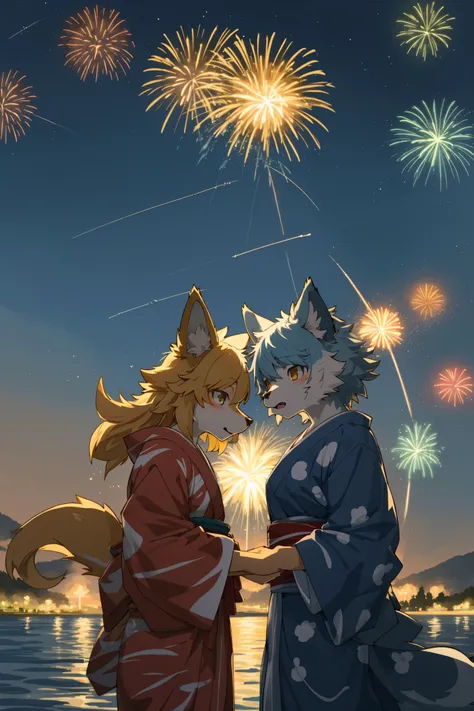 top quality, best quality, highres, masterpiece, super high resolution, detailed background, lake, nigh sky, firework, japanese yukata, absurdres, perfect anatomy, good lighting, cinematic shadow(1girl, kemono, furry anthro)assorted expressions, upper shot...