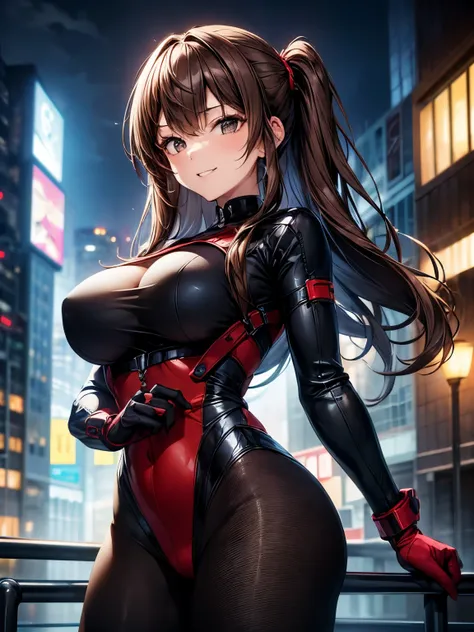 highest quality、complete limbs、Beautiful woman、solo、((brown haired woman:1.4))、((A woman with a tied hairstyle))、big breasted woman、(((A woman wearing a black and red cyber suit:1.3)))、big smile、skyscrapers at night、((dancing woman))