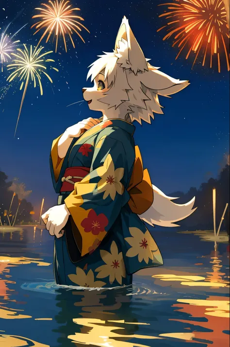 top quality, best quality, highres, masterpiece, super high resolution, detailed background, lake, nigh sky, firework, japanese yukata, absurdres, perfect anatomy, good lighting, cinematic shadow(1girl, kemono, furry anthro)assorted expressions, upper shot...