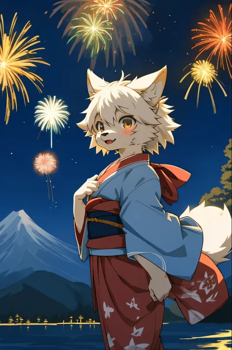 top quality, best quality, highres, masterpiece, super high resolution, detailed background, lake, nigh sky, firework, japanese yukata, absurdres, perfect anatomy, good lighting, cinematic shadow(1girl, kemono, furry anthro)assorted expressions, upper shot...