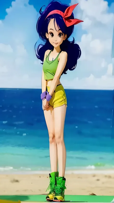 Beautiful woman with purple hair wearing a green tank top, yellow short shorts. In background beach