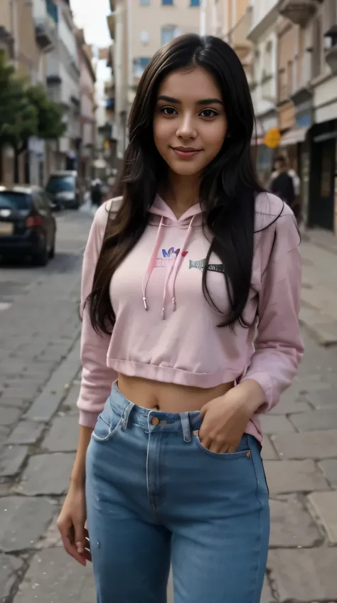 araffe woman with long black hair,slim,16 years old,wearing a pink hoodie,blue jeans,hoodie down,smiling,happy,fully covered,black hair, valentina remenar, dilraba dilmurat, olya bossak, fanart, maya 8 k, taken with canon eos 5 d mark iv, serena malyon, ha...