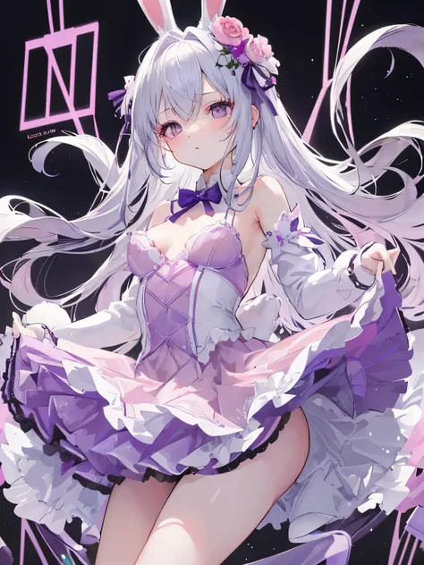 disorganized，Cute Bunny Girl，silvery white eyes，pink、Purple Dress， face，but、small breasts、slim your waist，have a good figure，spread your legs，lift up the skirt，Detailed lace lingerie，dynamic pose，sexy，Uplifting，beautiful curves、focus on thighs、gorgeous