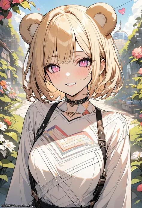 1 girl, blonde bob hair, heart shaped eyes, bear ears,whole body, {girl with blonde bob hair named nao}, (Pink eye color), (smile), bright background , mole under eye, Star-shaped choker, (masterpiece, highest quality), very detailed, highest quality, offi...