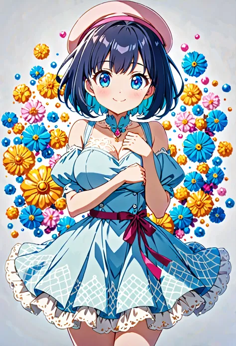 Front view, dark blue hair, bob cut hair, little pink beret, light blue dress, Cream colored lace trim, anime, full body, white background, solid, white background, simple background, advanced details, UHD, smile, blue eyes, Nightcore Style, pale turquoise...