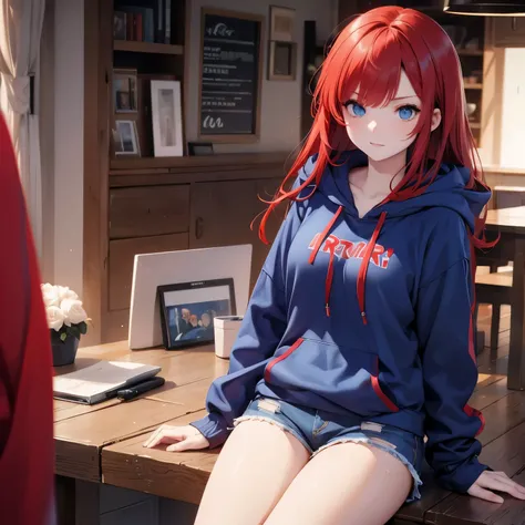 red hair, blue eyes, hoodie, shorts jeans,sexy, better hands