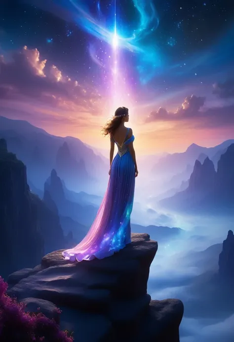 1 girl, (3D sculpture，A woman in a long dress stands on a cliff looking at the stars, space goddess, galaxy goddess, goddess in heaven, Astral ethereal, Dreamy, Beautiful celestial mage, beautiful fantasy painting, beautiful fantasy art, Ethereal fantasy, ...