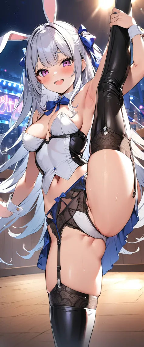 woman,20-year-old,,party venue,night,(((white bunny girl))),open mouth smile((leather thigh high boots))(garter belt),,blush、,((raise one leg))()