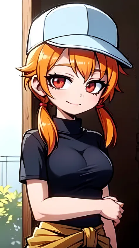 1girl,solo,upper body,looking at viewer,facing viewer,low twintails,orange hair,red eyes,parted bangs,hair pulled back,solid out...