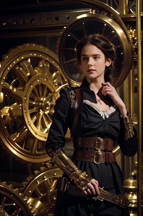 create a mesmerizing image of a steampunk pin-up engineer in a victorian-inspired outfit, surrounded by swirling gears and atmos...