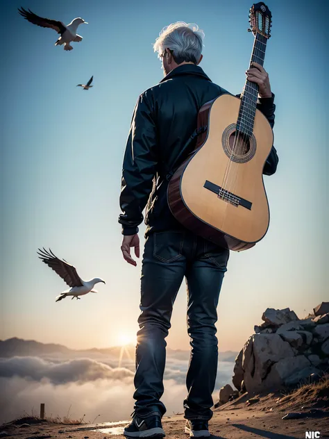 Movie poster style, in the distance you can see the full body of a 65-year-old man with a classical guitar, dressed in full-length autumn clothing walking forward looking at the camera, climbing a hillside, wearing a black baseball cap, glasses. short whit...