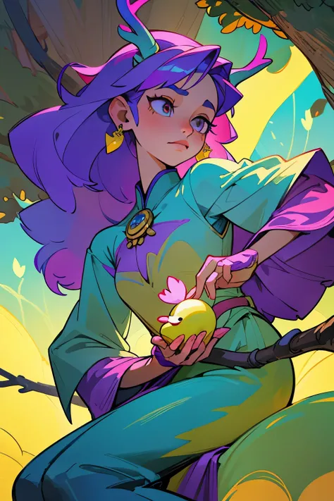 In the heart of an enchanted forest, a mystical being with majestic antlers and vibrant purple horns sits poised under a sprawling tree. Clutching a game joystick in delicate hands, she exudes an air of captivating grace. By her side, a small yellow duckli...