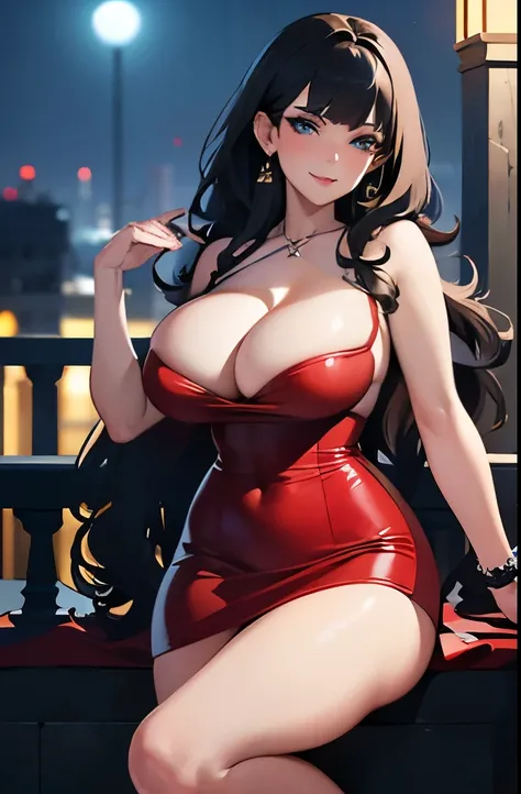 full body, realisticlying, Big breasts, she is a Milf, Busty ((beautiful and cute 30 years old)), ((black hair, with wavy bangs)), double eyelids, blue eyes, clear and detailed, hyper detailed, light effect on the eyes, iris detailed, sensual body, perfect...