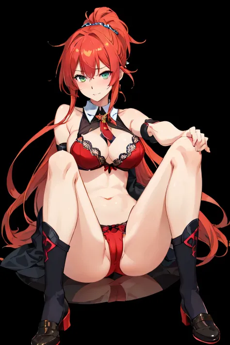 ((highest quality)Woman with red hair and ponytail, panty shot, red panties, blushing, breasts fully visible, anime style, reverse bunny I cup, anime pussy visible, transparent bra, tsundere, arms folded under her breasts