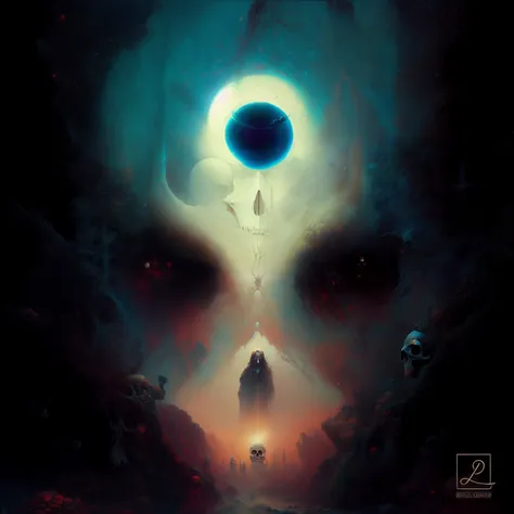 painting of a skull with a halo in the middle, Beksinski e Dan Mumford, Greg Beeple, Beeple e Jeremiah Ketner, beeple e tim hildebrandt, Cosmic horror painting, e Mumford Tom Bagshaw, Peter Mohrbacher e Dan Mumford, Apenas Bartel, psychedelic cosmic horror...