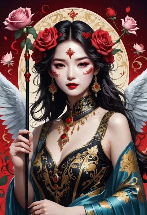 (tarot cards:1.3)，(tarot cards border:1.5)，scepter，Blood，Rose，mask，Minimalism，flyers, Angel-like beautiful woman, singing and dancing, Rose petals, Mexican decoration, God, Angel,
Vector plane, Kaneko, Black, 
Aaron Hawkey, 
masterpiece, ultra high resolut...