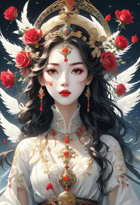 (tarot cards:1.3)，(tarot cards border:1.5)，scepter，Blood，Rose，mask，Minimalism，flyers, Angel-like beautiful woman, singing and dancing, Rose petals, Mexican decoration, God, Angel,
Vector plane, Kaneko, Black, 
Aaron Hawkey, 
masterpiece, ultra high resolut...