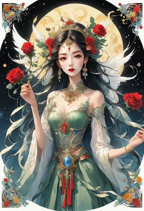 (tarot cards:1.3)，(tarot cards border:1.5)，scepter，Blood，Rose，mask，Minimalism，flyers, Angel-like beautiful woman, singing and dancing, Rose petals, Mexican decoration, God, Angel,
Vector plane, Kaneko, Black, 
Aaron Hawkey, 
masterpiece, ultra high resolut...