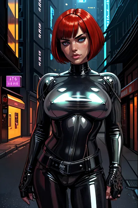(best quality,ultra-detailed,realistic:1.37),portrait,beautiful detailed eyes,beautiful detailed lips,sexy gaze,dark atmosphere,metallic texture,shiny armor,reflective surfaces,bobcut hairstyle,futuristic fashion,leather jacket,black clothing,urban setting...