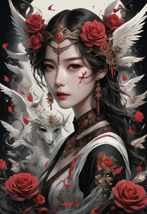 (tarot cards:1.3)，(tarot cards border:1.5)，scepter，Blood，Rose，mask，Minimalism，flyers, Angel-like beautiful woman, singing and dancing, Rose petals, Mexican decoration, God, Angel,
Vector plane, Kaneko, Black, 
Aaron Hawkey, 
masterpiece, ultra high resolut...