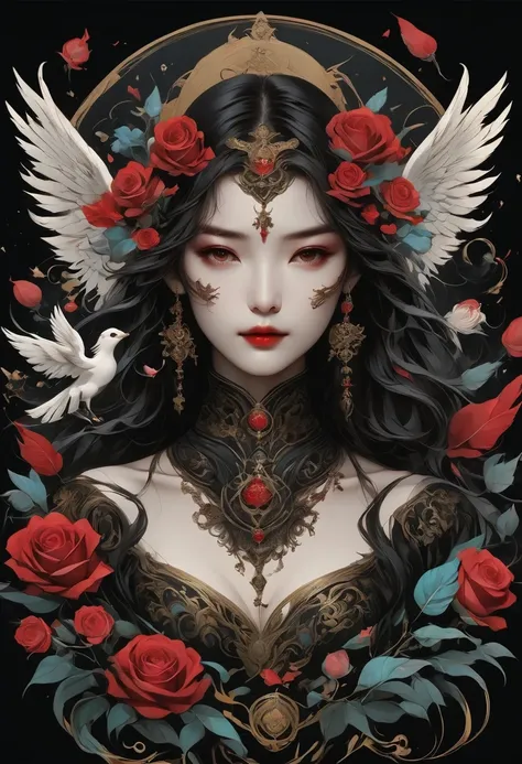 (tarot cards:1.3)，(tarot cards border:1.5)，scepter，Blood，Rose，mask，Minimalism，flyers, Angel-like beautiful woman, singing and dancing, Rose petals, Mexican decoration, God, Angel,
Vector plane, Kaneko, Black, 
Aaron Hawkey, 
masterpiece, ultra high resolut...