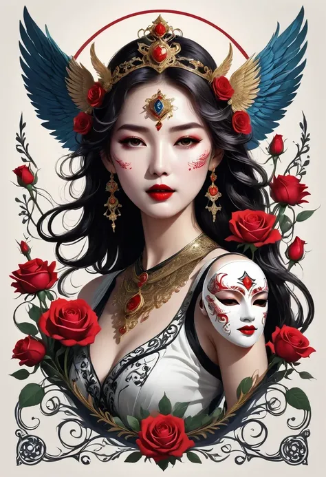 (tarot cards:1.3)，(tarot cards border:1.5)，scepter，Blood，Rose，mask，Minimalism，flyers, Angel-like beautiful woman, singing and dancing, Rose petals, Mexican decoration, God, Angel,
Vector plane, Kaneko, Black, 
Aaron Hawkey, 
masterpiece, ultra high resolut...