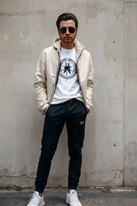 Necesito la imagen de cuerpo completo de un hombre que este usando los siguiente elementos: Chaqueta, Sweater, Lentes de Sol, Pantalon, Guantes y Zapatos Comodos. 