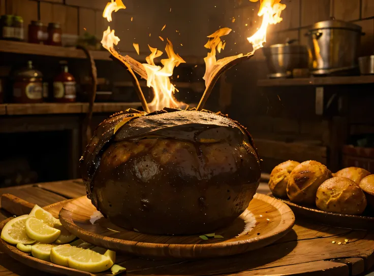 Una enorme pieza de falda de res ahumada y asada, con un hermoso mahogany bark o corteza ahumada en la superficie. The meat is tender, juicy and practically falls apart on its own. Alrededor de la barbacoa, hay cebollas moradas asadas y ajos enteros dorado...