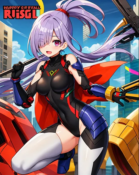 ,1girl,(young_teen:1.5), (short_ponytail:1.3), (light_whitish_purple_hair:1.3),black_mechanical_armor,white_breasts_parts_red_black_body_suit,bare_shoulder,bare_slender_thighs,medium_breasts,city_background,Stinging_eyes,sleepy,thighhigh_greaves,gauntlets,...