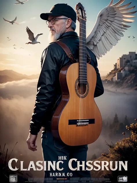 Movie poster style, in the distance you can see the full body of a 65-year-old man with a classical guitar, dressed in full-length autumn clothing walking forward looking at the camera, climbing a hillside, wearing a black baseball cap, glasses. short whit...