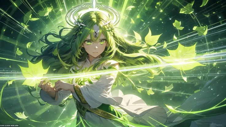 a goddess of life, mature look, mature body, (leaf green hair streaked glowing green:1.6), (super large low twin long braids), wavy hair, floating hair, hair strand, (glowing phantom green eyes:1.6), aqua eyes, pupils sparkling, longeyelashes, eye reflecti...