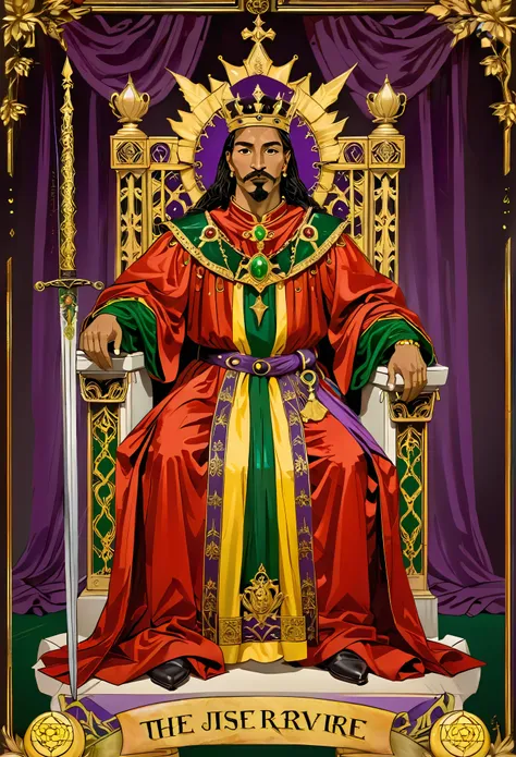 taluopai，border，tarot cards，the tarot card of the king in red robes, sitting on throne holding sword and scales with crown above...