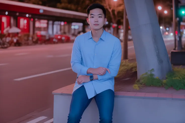 arafed man sitting on a concrete bench in the middle of the street, mid shot portrait, hoang long ly, photography shot at blue h...