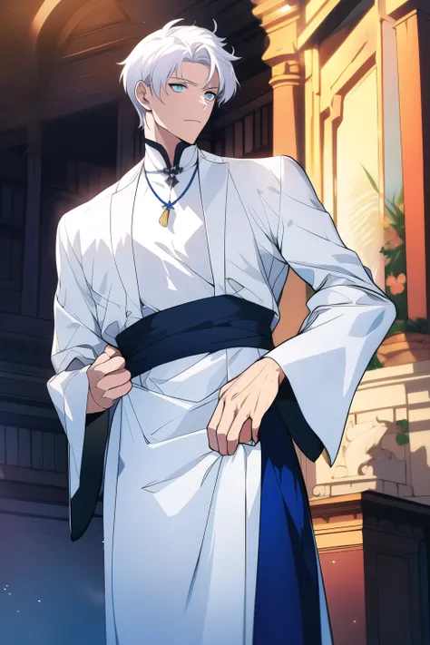 ((best quality)), ((masterpiece)), (detailed), (a man), perfect face, standing half body, facing forward, white pale skin, white hair, blue eyes, fit muscular body, historical fantasy priest clothes.