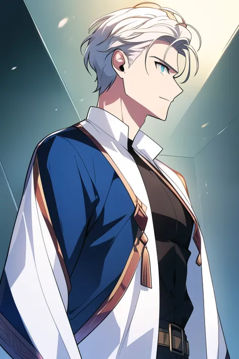 ((best quality)), ((masterpiece)), (detailed), (a man), perfect face, standing half body, facing forward, white pale skin, long hair, white hair, blue eyes, fit muscular body, white historical fantasy priest clothes.