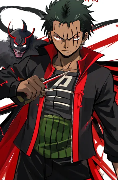 black young man, zoro hairstyle, black hair, red sword, uniforme demon slayer, naruto pose,sharinggan eyes