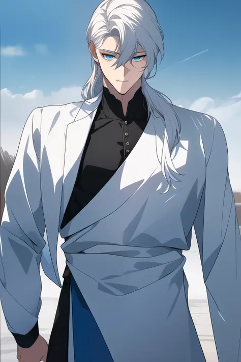 ((best quality)), ((masterpiece)), (detailed), (a man), perfect face, standing half body, facing forward, white pale skin, long hair, white hair, blue eyes, fit muscular body, white historical fantasy priest clothes.