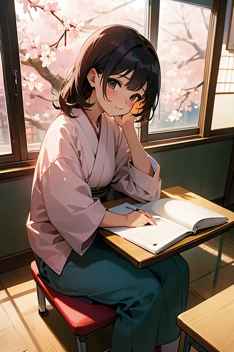 single girl, in a japanese classroom, , desk and chair, window seat, reading a book, looking outside the window, cherry blossom outside the window