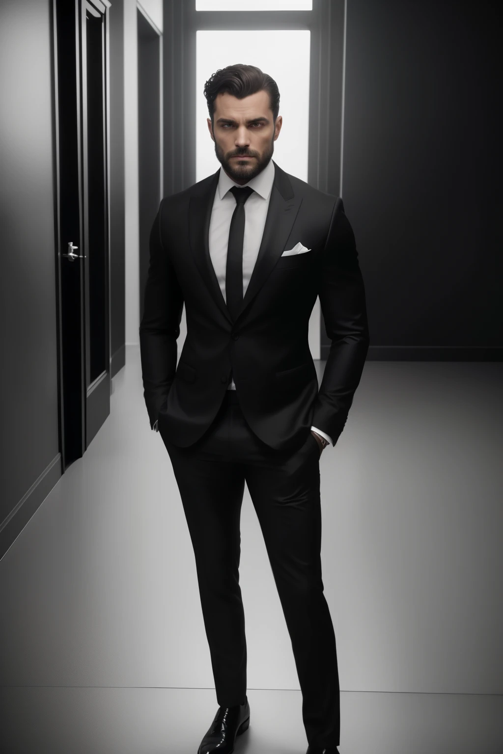 (Realistic: 1.5), Black suit, introspective man, Cristian Grey, seductive, brooding, masterpiece, exquisitely detailed, intense gaze, dark hair, sharp features, chiseled jawline, sexual intensity, high quality, moody lighting, shadow play, minimalist setti...