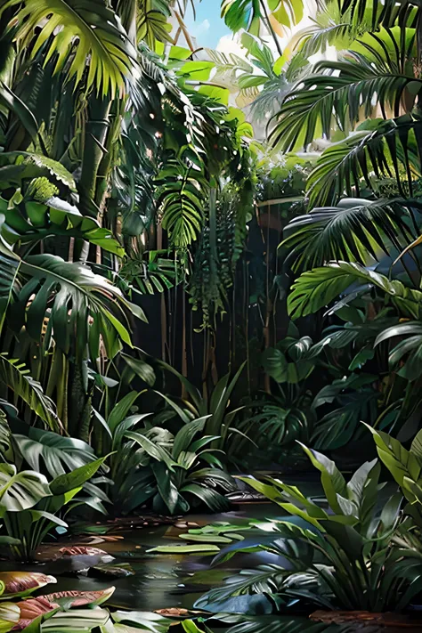 Beautiful hyper-realistic and super-detailed masterpiece that shows the vegetation of a tropical jungle with exotic, large-leaved plants,