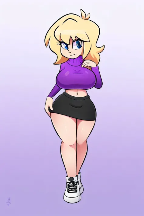 A pretty woman with big breasts, her hair is short, uneven, bright blonde, and her eyes are dressed in a white blouse, she shows her navel, and she is wearing a violet sweater, a tight black skirt, and a pair of dark sneakers. 