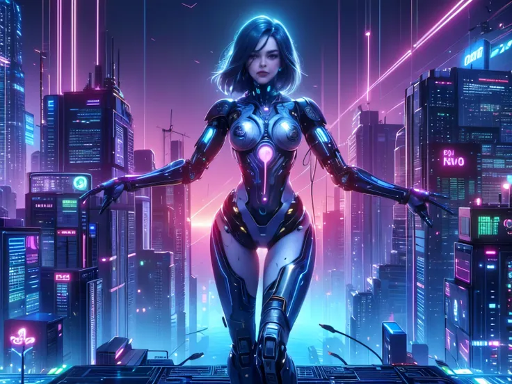 top quality, future world, State-of-the-art robot, Beautiful Woman, Transformed into a cyborg except for the face and some parts, ig model, sexy images, Wires are connected to the back of the body, As sexy as possible, Partial exposure of chest and lower b...