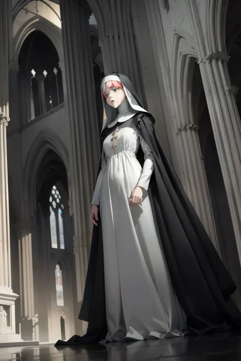 A nun with red hair and green eyes clad in gray clothes stands frightened in the cathedral, her semi-transparent habit revealing delicate outlines. her thin glossy lips quiver in fear as her detailed eyes express a deep sense of disturbance. The multiple a...