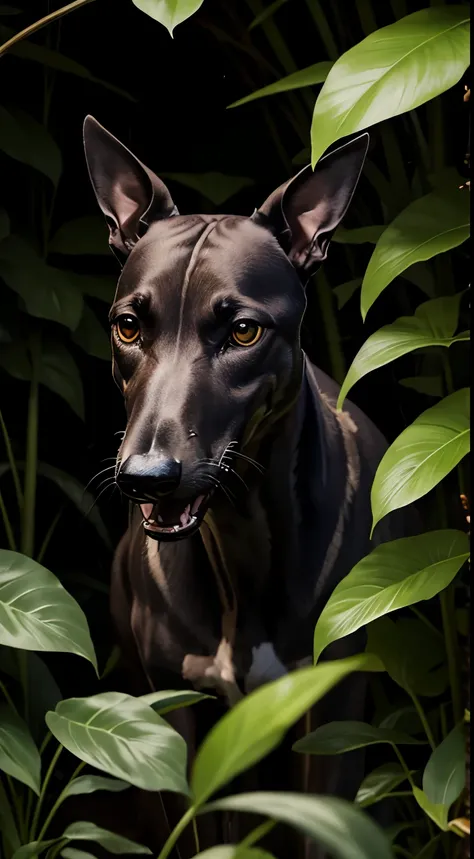 greyhound, be on guard,in the jungle, dark background, Four Eyes, angry, open mouth 