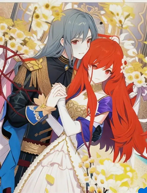 anime couple in wedding dress hugging each other in front of flowers, корейское anime art nouveau, Coronation of the Flower Prince, anime art nouveau, anime cover, official art, Anime fantasy illustration, detailed key anime art, Umineko, Genshin, official...