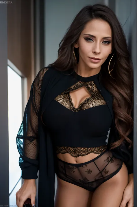 fashion editorial style realistic, award winning photo ,madisonivyquiron woman, a sexy woman wearing lace top and tight shorts, ...